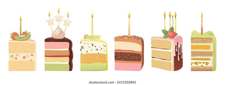 Birthday cakes slices with candles. Set of different pieces of cakes for greeting cards, stickers, banners, and postcards. Vector illustration isolated on a white background.