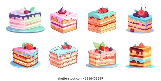 Birthday cakes slices, desserts, pastries, colorful pastel color