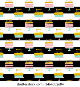 Birthday Cakes Striped Seamless Pattern. Vector Illustration of Trendy Greeting Background.