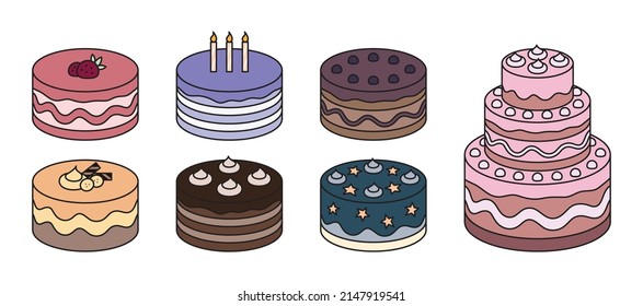 Colección vectorial de pasteles de cumpleaños, incluye sabores fresa, cereza, chocolate, banana. Pastel sencillo y colorido.