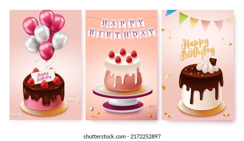 Birthday cakes vector poster set. Happy birthday greeting in cake decoration with balloons, pennants and topper elements for dessert collection design.  Vector illustration.
