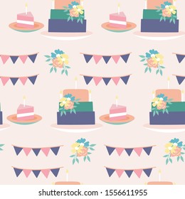Birthday cale and flowers in a seamless pattern design, perfect to use on the web or in print