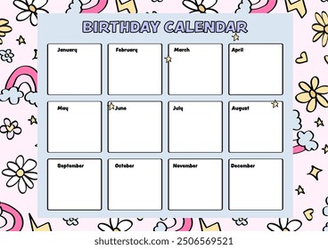 Birthday calendar boho rainbows and flowers pattern for middle school, preschool, and elementary school kids.