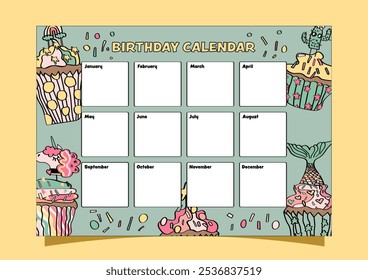 Birthday calendar with cute cupcakes in the background. Wall calendar for classrooms.	