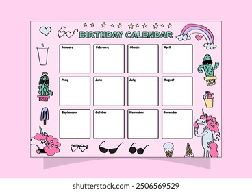 Birthday calendar with cute girly elements for middle school, preschool, and elementary school kids.