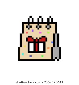 Birthday calendar with birthday gift icon in pixel art design isolated on white background, Birthday vector sign symbol.