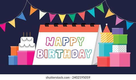 Birthday calendar with gifts, colorful flags and cake. 