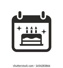 Birthday calendar icon. Birthday cake. Birthday party. Celebration. Vector icon isolated on white background.