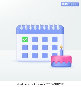 Símbolo de icono de calendario de cumpleaños. feliz, cumplido, recuerdo el concepto de celebración sorpresa. Diseño de ilustración aislada vectorial 3D. Dibujo en tonos pastel Estilo minimalista. Puede utilizarse para diseñar ux, ui, imprimir y