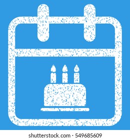 Birthday Calendar Page grainy textured icon for overlay watermark stamps. Flat symbol with dirty texture. Dotted vector white ink rubber seal stamp with grunge design on a blue background.