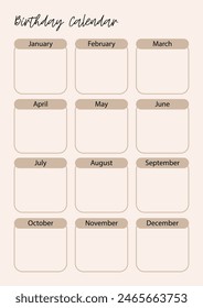 Birthday calendar. planner pages templates. Organizer page, diary and daily control book. Life planners, monthly, weekly and days organizers or office schedule list. Graphic organization paper vector.