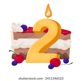 Birthday candle 2 years with party cake composition. Second bday anniversary. Wax figure with two age symbol. Festive decor with number form, sweet dessert. Flat isolated vector illustration on white