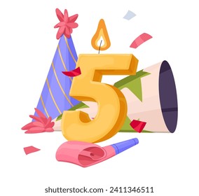 Birthday candle 5 years with party hat. Number symbol, five age wax figure with flame. Holiday whistle, bday blower, festive confetti. Anniversary decor. Flat isolated vector illustration on white