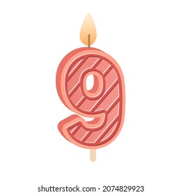 Birthday Candle Of 9 Number Shape For Bday Celebration. Glowing Wax Candlelight With Flame For Nine Age Party Cake For 9th Year Anniversary. Flat Vector Illustration Isolated On White Background