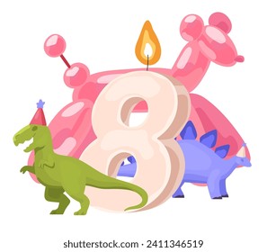 Birthday candle 9 years. Anniversary wax figure of age. Festive number, eight sign with candlelight. Cute dinosaurs with party hats, bday balloons animal. Flat isolated vector illustration on white