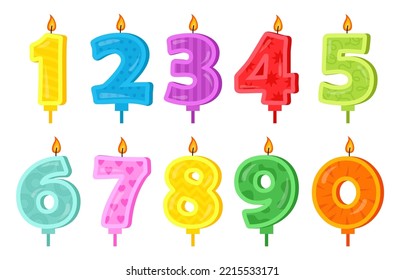Birthday candle all numbers shape. Burning colorful candles with different festive patterns. Icons for anniversary party invitation, cards design, decoration. Cartoon flat vector illustration