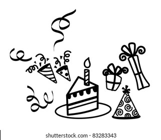 Birthday Candle Cake, Hat, Gift Party Vector