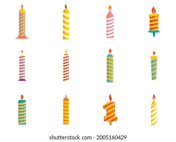 Birthday candle icons set. Flat set of birthday candle vector icons isolated on white background