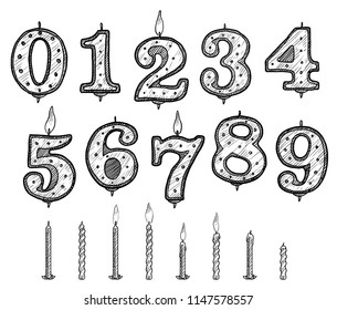 Birthday candle illustration, drawing, engraving, ink, line art, vector