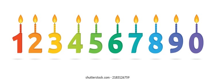 Birthday Candle Number 0 To 9 In Flat Design. Candlelight Icon Set. Vector Illustration