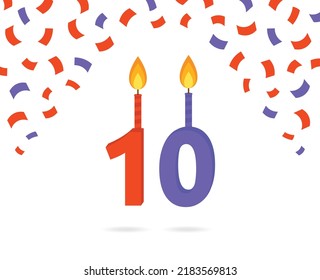 La vela número 10 de cumpleaños con un colorido icono de confeti aislado en el fondo blanco. Concepto de aniversario.