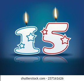 Birthday candle number 15 with flame - eps 10 vector illustration