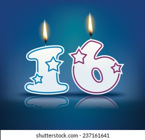 Número de vela de cumpleaños 16 con llama - eps 10 ilustración vectorial