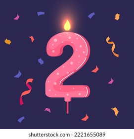 Birthday candle with number 2. Present, gift and surprise. Sweets, dessert and delicacy. Graphic element for printing on fabric. Festival, holiday and party. Cartoon flat vector illustration