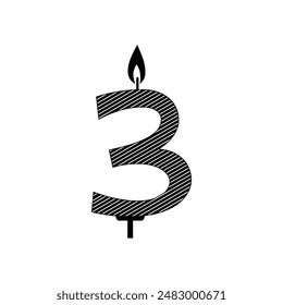 Birthday candle of number 3 for 3rd year Vector Image. 3 burning number shaped candle for birthday.