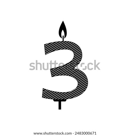 Birthday candle of number 3 for 3rd year Vector Image. 3 burning number shaped candle for birthday.
