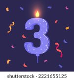 Birthday candle with number 3. Blue wax object for cakes and cupcakes. Poster or banner for website. Holiday and festival, event and entertainment, anniversary. Cartoon flat vector illustration