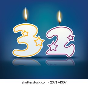 Birthday candle number 32 with flame - eps 10 vector illustration