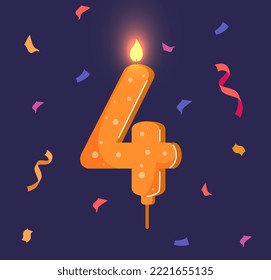 Birthday candle with number 4. Graphic element for printing on fabric. Decoration element for desserts and delicacies. Symbol of holidays, traditions and culture. Cartoon flat vector illustration