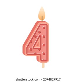 Birthday candle of number 4 shape for 4th anniversary. Wax figure with candlelight with flame for holiday cake for fourth age party. Flat vector illustration isolated on white background