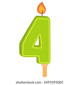 Birthday candle of number 4 shape for 4th anniversary. Wax figure with candlelight with flame for holiday cake for fourth age party. Flat vector illustration isolated on white background
