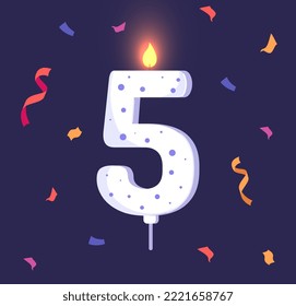 Birthday candle with number 5. Sticker for social networks and instant messengers. Wax object on confetti background. Festival and holiday. Event and entertainment. Cartoon flat vector illustration