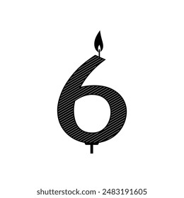 Birthday candle of number 6 for 6th year Vector Image. 6 burning number shaped candle for birthday, anniversary.