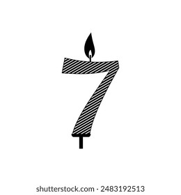 Birthday candle of number 7  for 7th year Vector Image. 7 burning number shaped candle for birthday, anniversary.
