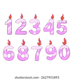 birthday candle number Collection . A pink candle with a lit wick on top of a number