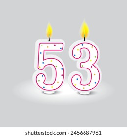 Birthday candle numbers 53. Vector celebration design. Anniversary event numeral. Colorful festive decoration.