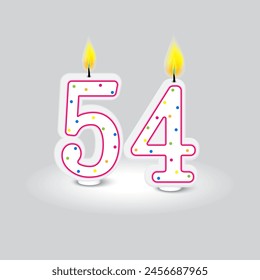 Birthday candle numbers 54 vector. Colorful confetti decoration. Vector birthday symbol. Festive candlelight illustration.