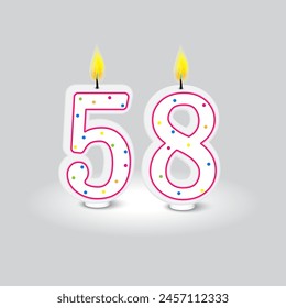 Birthday candle numbers 58. Vector celebration design. Festive candlelight numerals. Colorful anniversary digits.