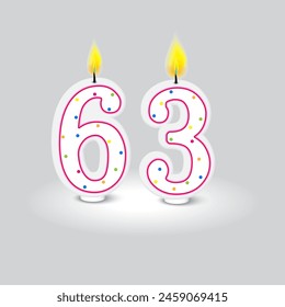 Birthday candle numbers 63. Gradient light top. Colorful dots. Vector illustration.