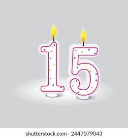 Birthday candle numbers. Fifteen celebration. Anniversary event decoration. Vector illustration. EPS 10.