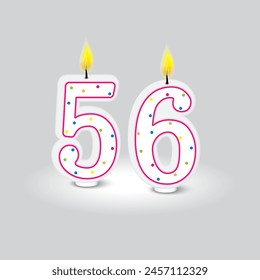 Birthday candle numbers five and six. Vector celebration design. White background with confetti.