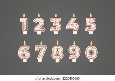 Birthday candle numbers set isolated on dark background. Realistic candle numbers burn, red outline birthday decoration for anniversary celebration. Flat vector icon collection.