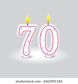 Birthday candle numbers. Seventy celebration. Bright polka dots. Vector flame glow.