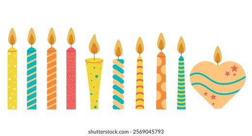 Birthday candle set. Collection of beautiful colorful burning candles. Decorated with dots, stars and stripes thin candles for festive cake. Vector graphics