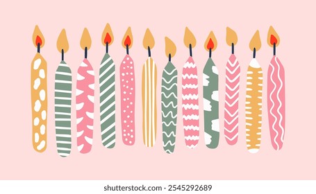 Birthday candle set isolated on pink background. Decorative elements for party, card, invitation. Vector illustration. 