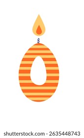 Birthday candle in the shape of number zero with orange and yellow horizontal stripes and flame. 